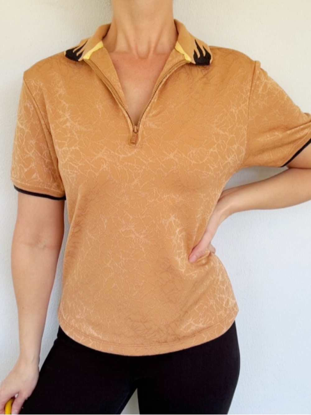 Vintage Jamie Sadock brown flame short sleeve quarter zip polo tee size medium